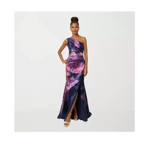 Rene Ruiz One-Shoulder Navy and Pink Gown